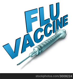 Flu vaccine and influenza disease control treatment symbol as a medical syringe with text as medicine for protection from the deadly seasonal virus as a 3D illustration.
