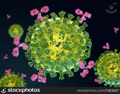 Flu virus and antibodies. 3D illustration. Flu virus and antibodies