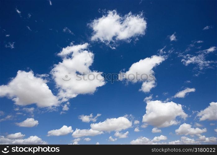 Fluffy cumulus clouds in blue sky.