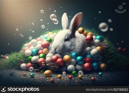 Fluffy Easter Bunny among colorful eggs. The fantasy composition. Greeting card or wallpaper. AI generated.. Fluffy Easter Bunny among colorful eggs. The fantasy composition. AI generated.