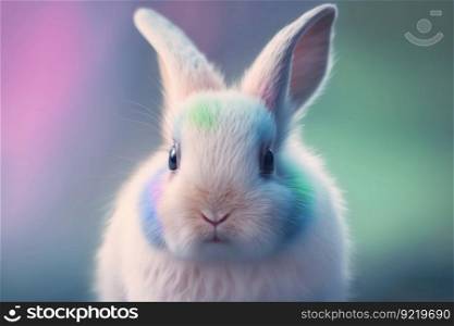Fluffy Easter Bunny in colored spots on a gradient background. Greeting card or wallpaper. AI generated.. Fluffy Easter Bunny in colored spots on a gradient background. AI generated.