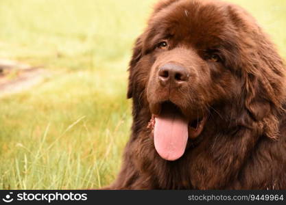 Fluffy fur on a large brown Newfoundland puppy dog outside.