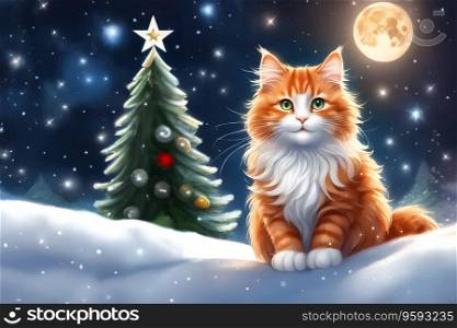 fluffy ginger cat on christmas winter background