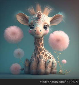 Fluffy giraffe for kid. Full body animal on colored background. Generative AI