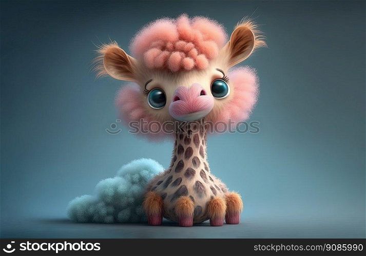 Fluffy giraffe for kid. Full body animal on colored background. Generative AI