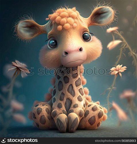 Fluffy giraffe for kid. Full body animal on colored background. Generative AI