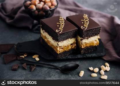 Fluffy snickers cake on stone board