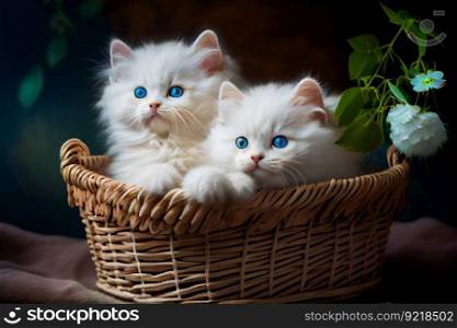 Fluffy white kittens sitting in a  wicker basket.  Generative AI
