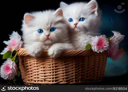 Fluffy white kittens sitting in a  wicker basket.  Generative AI
