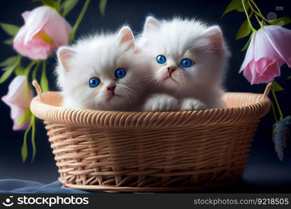 Fluffy white kittens sitting in a  wicker basket.  Generative AI
