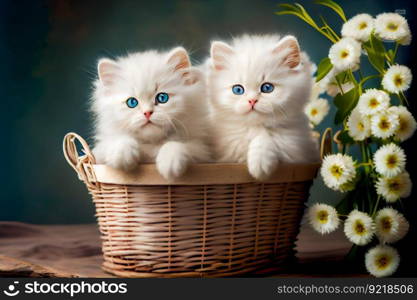 Fluffy white kittens sitting in a  wicker basket.  Generative AI 