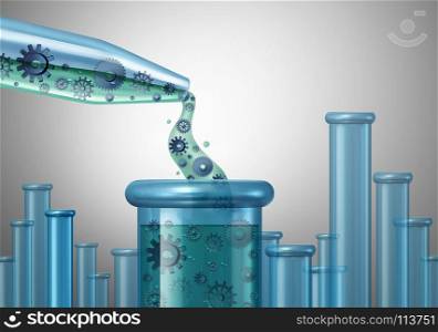Fluid mechanics as a physics concept of an eye dropper with gears and cog wheels pouring inside a beaker as a scientific concept as a 3D illustration.