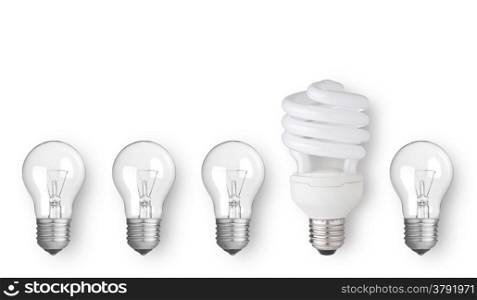fluorescent light bulb in row of the other light bulbs
