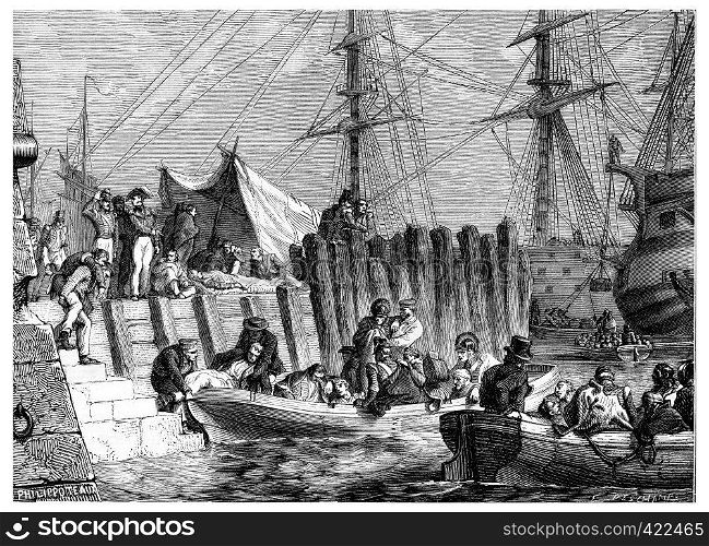 Flushing evacuation by the British, boarding patients, vintage engraved illustration. History of France ? 1885.