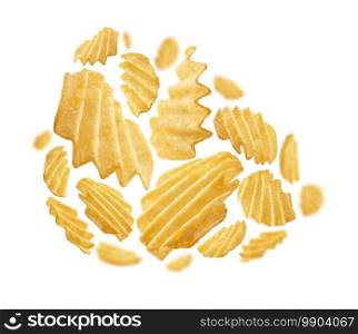 Fluted potato chips levitate on a white background.. Fluted potato chips levitate on a white background