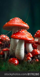 Fly agaric mushrooms. Generative AI. High quality illustration. Fly agaric mushrooms. Generative AI