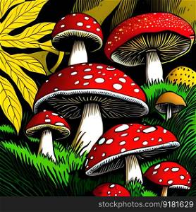 Fly agaric toadstools in the woods. Generative AI
