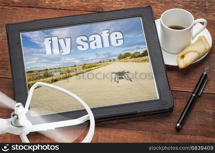 fly safe concept or reminder - aerial picture on a digital tablet with a drone propeller and coffee