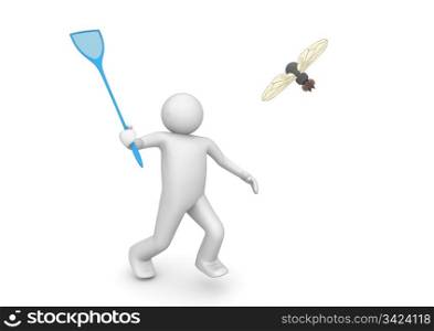 Fly swatter. 3d characters isolated on white background series