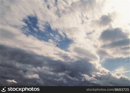 Flying bird skyscape photo. Beautiful nature scenery photography with beautiful clouds on background. Idyllic scene. High quality picture for wallpaper, travel blog, magazine, article. Flying bird skyscape photo