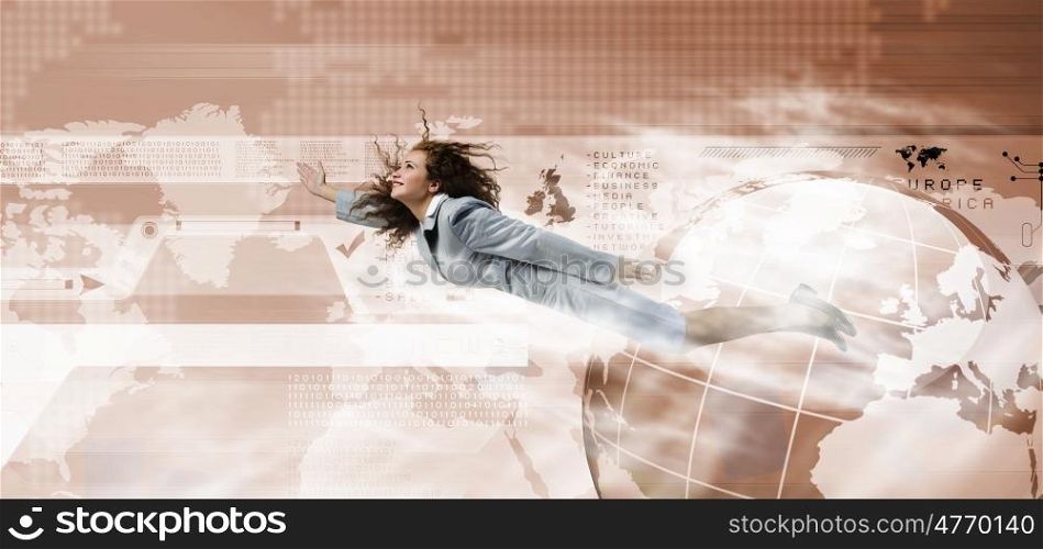 Flying businesswoman. Young determined businesswoman flying high in sky against media background