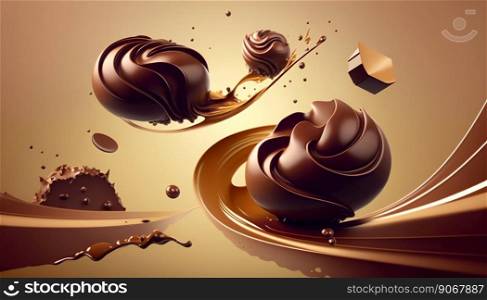 Flying chocolate candies prali≠s with smooth splashs. Ge≠rative AI. High quality illustration. Flying chocolate candies prali≠s with smooth splashs. Ge≠rative AI