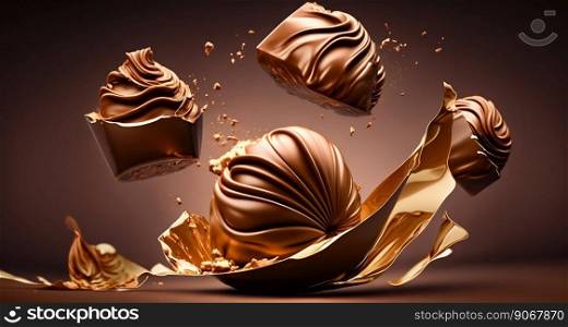 Flying chocolate candies pralines with smooth splashs. Generative AI. High quality illustration. Flying chocolate candies pralines with smooth splashs. Generative AI