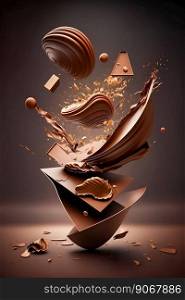 Flying chocolate candies pralines with smooth splashs. Generative AI. High quality illustration. Flying chocolate candies pralines with smooth splashs. Generative AI