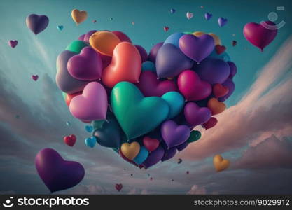 Flying colorful heart shape balloons on sky background with clouds, AI Generative