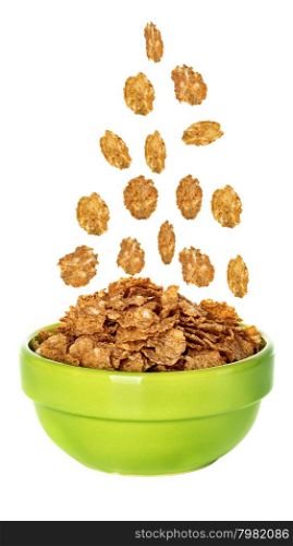Flying corn flakes in a bowl isolated on white background.
