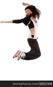 flying dancer woman in modern hip hop dress jumping over white background