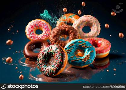 Flying donuts. Mix of multicolored doughnuts.  Image created with Generative AI technology