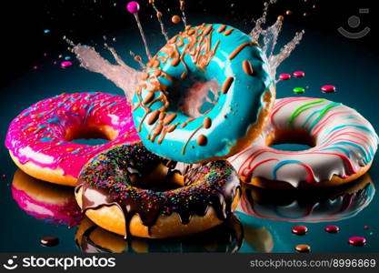 Flying donuts. Mix of multicolored doughnuts.  Image created with Generative AI technology