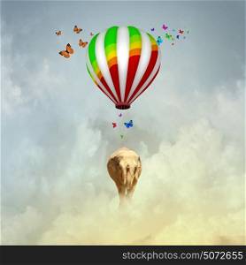 Flying elephant. Elephant flying in sky on colorful aerostat