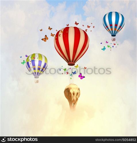 Flying elephant. Sunny image of elephant flying in sky on aerostat
