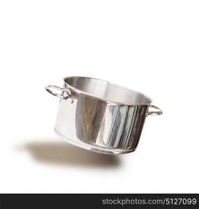 Flying empty cooking pot , isolated on white background, front view