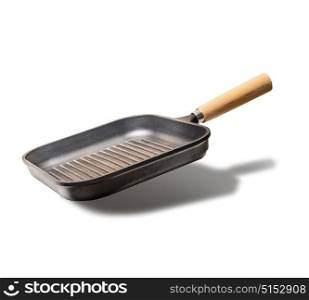 Flying empty grill or frying pan , isolated on white background, front view