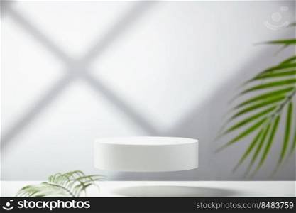 Flying empty white podium with palm leaves on white background with window shadow. Mock up stand for product presentation. 3D Render. Minimal concept. Advertising template