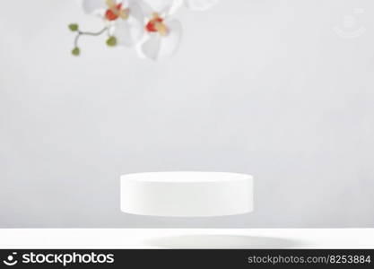 Flying empty white podium with white gypsophila flowers on grey background. Mock up stand for product presentation. 3D Render. Minimal concept. Advertising template