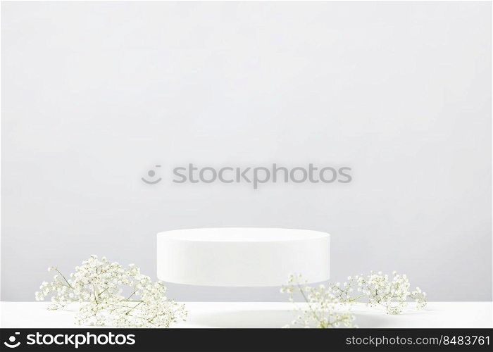 Flying empty white podium with white gypsophila flowers on grey background. Mock up stand for product presentation. 3D Render. Minimal concept. Advertising template