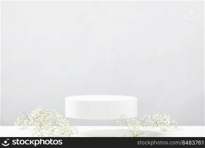 Flying empty white podium with white gypsophila flowers on grey background. Mock up stand for product presentation. 3D Render. Minimal concept. Advertising template