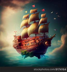 flying fairy sail ship illustration Generative AI.