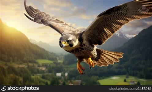 Flying falcon in the nature background