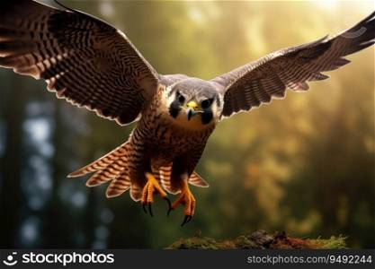 Flying falcon in the nature background
