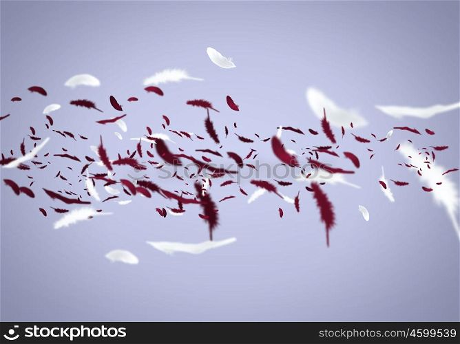 Flying feathers. Abstract background image of feathers flying in air