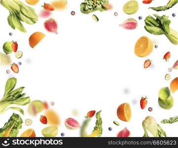Flying fruits and vegetables ingredients on white background .  Healthy food concept