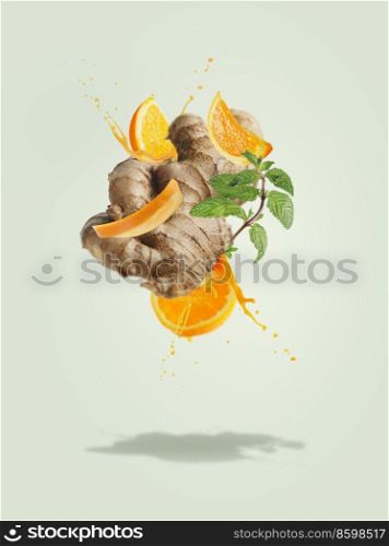 Flying ginger with orange slices and juice splashing at pale green background mint leaves. Ingredients for refreshing summer drinks. Creative levitation food and drink concept. Front view.
