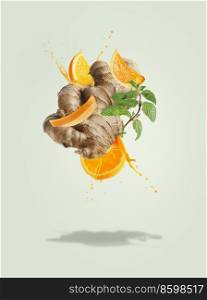 Flying ginger with orange slices and juice splashing at pale green background mint leaves. Ingredients for refreshing summer drinks. Creative levitation food and drink concept. Front view.