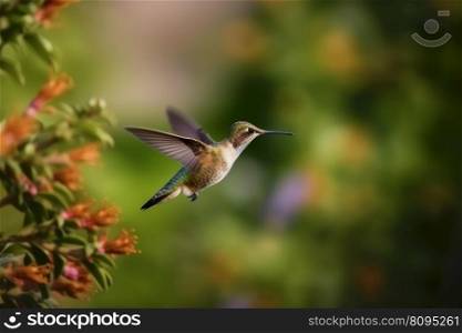 Flying hummingbird near flower. Wildlife nature. Generate Ai. Flying hummingbird near flower. Generate Ai