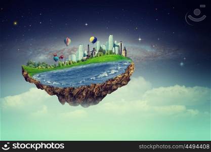 Flying island. Eco concept with fantastic island against beautiful night sky